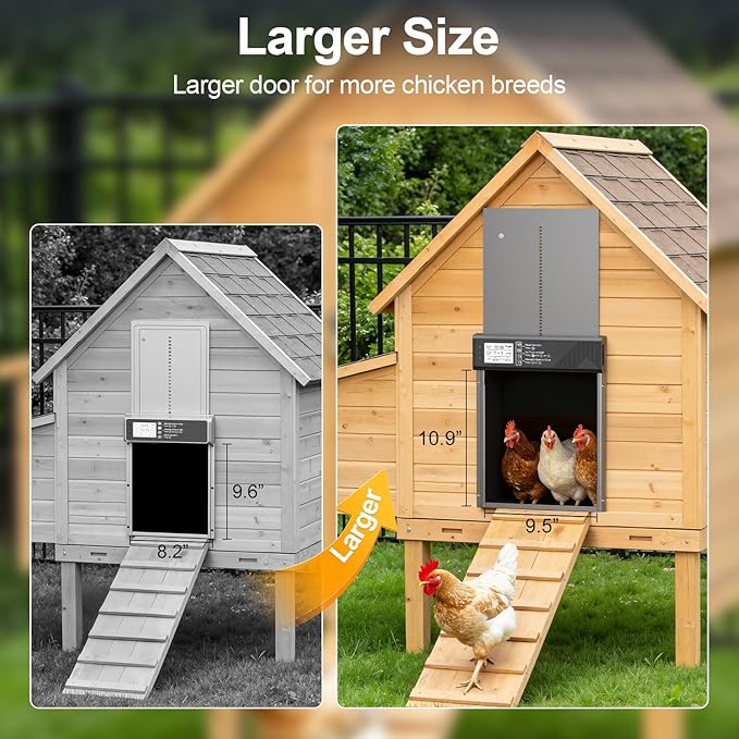 Larger Size Automatic Chicken Coop Door Solar Powered, 4000MAh Internal Battery Automatic Coop Door Anti-hit Side Charging Port, Automatic Chicken Door with Timer, Light Sensor 4Modes & Remote Control