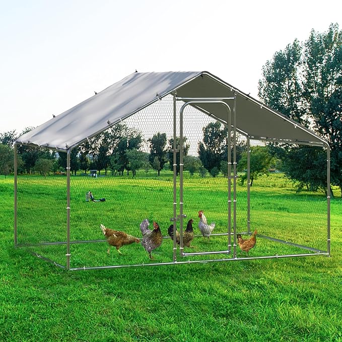 BOSSIN Bold Chicken Coop Run Large Metal Chicken Pen Outdoor, Chicken Runs for Yard with Cover, Poultry Cage Spire Shape Coop, Heavy Duty Walkin Waterproof and Anti-UV Cover for Rabbits