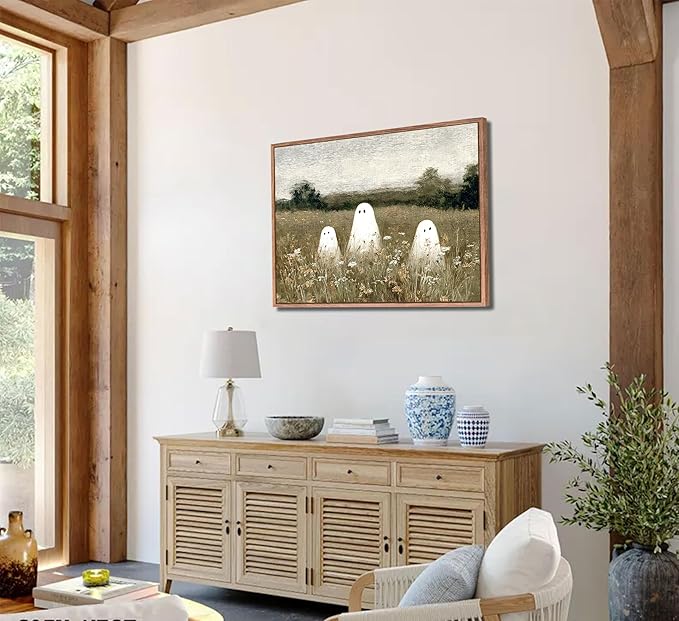 Framed Halloween Canvas Wall Art Wildflowers Meadow Ghost Poster Print Cute Ghost Picture Autumn Vintage Aesthetic Wall Decor for Bedroom Living Room 12x16in
