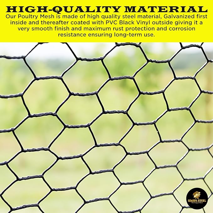 12” x 100 FT PVC Hexagonal Poultry Netting Chicken Wire | 1" Mesh | 20 Gauge | Black PVC Vinyl Coated | Rust Proof | for Garden, Fence, Chicken, Rabbit (PVC 12 x 100)