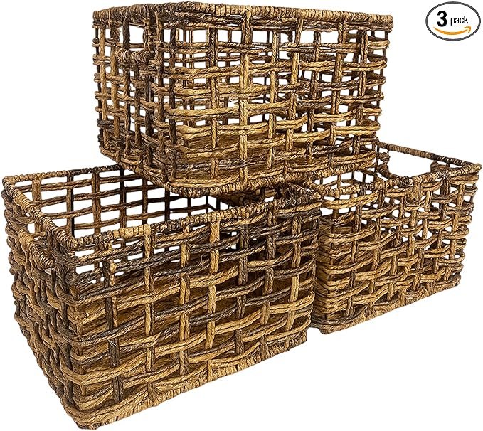 Handwoven Abaca Wicker Basket Set of 3 – 12x10x8 Open Weave Storage Baskets, Natural Woven Bins for Pantry, Bookshelf & Closet Organization, Sustainable Decorative Rattan Design
