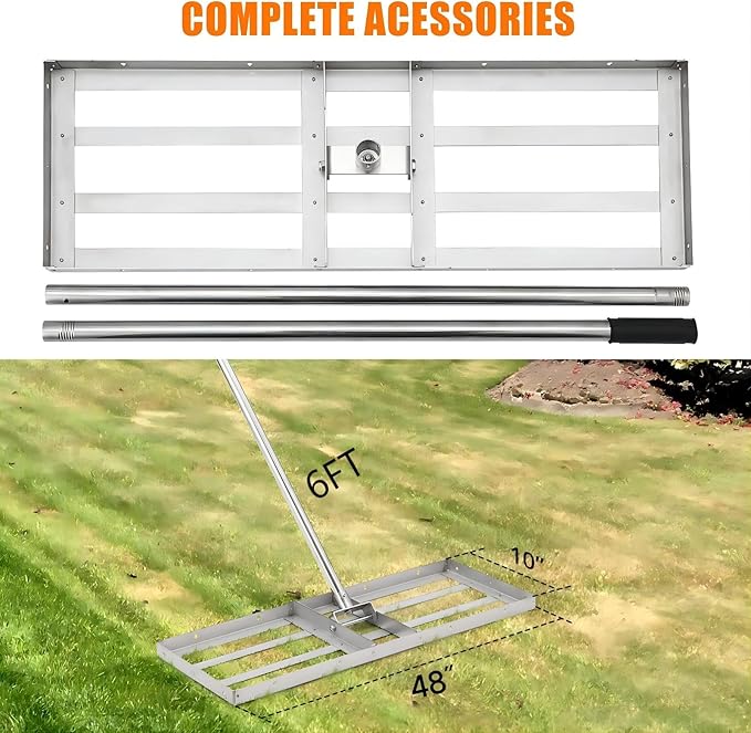 Lawn Leveling Rake Lawn Leveler, 48" x10” Stainless Steel 180° Rotating 6FT Long Handle, Heavy-Duty Landscape Rake Ergonomic Design, for Backyard Farm Garden Golf Course