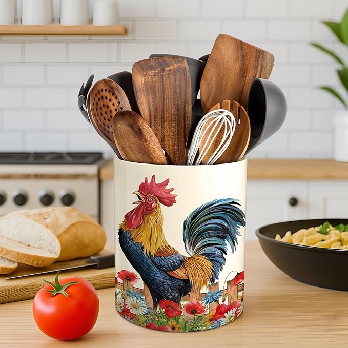 Hexagram Rooster Decor Utensil Holder, Rooster Chicken Kitchen Decor Ceramic Utensil Holder for Farmhouse Chicken Kitchen Decorations Indoor Rustic Farmhouse