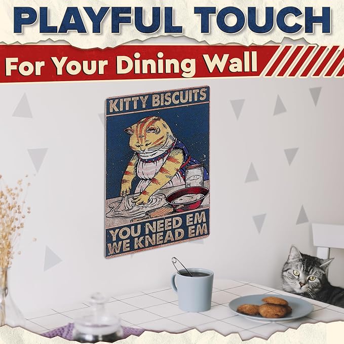 Kitty Biscuits Metal Sign - 8x12" Cat Signs Home Decor for Kitchen, Bedroom & Living Room, Funny Cat Decor, Great for Home and Commercial Spaces, Great as Charming Valentines Day Gifts for Cat Lovers