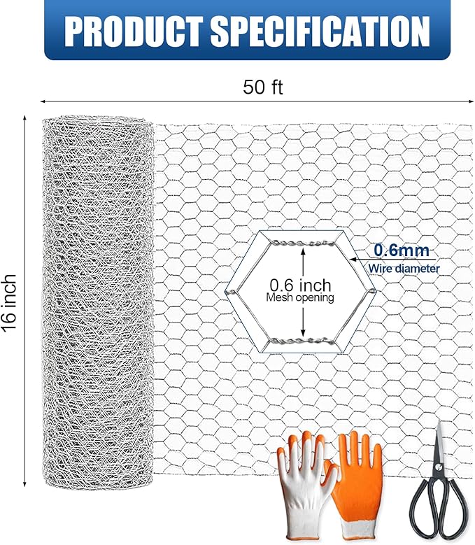 Chicken Wire,16"×50FT Chicken Wire Fencing for Garden Poultry, Hexagonal Galvanized Chicken Wire Mesh, Sturdy Chicken Wire Roll Plant Protector,Rabbit Fence, Wire Fence Rolls for Craft Projects