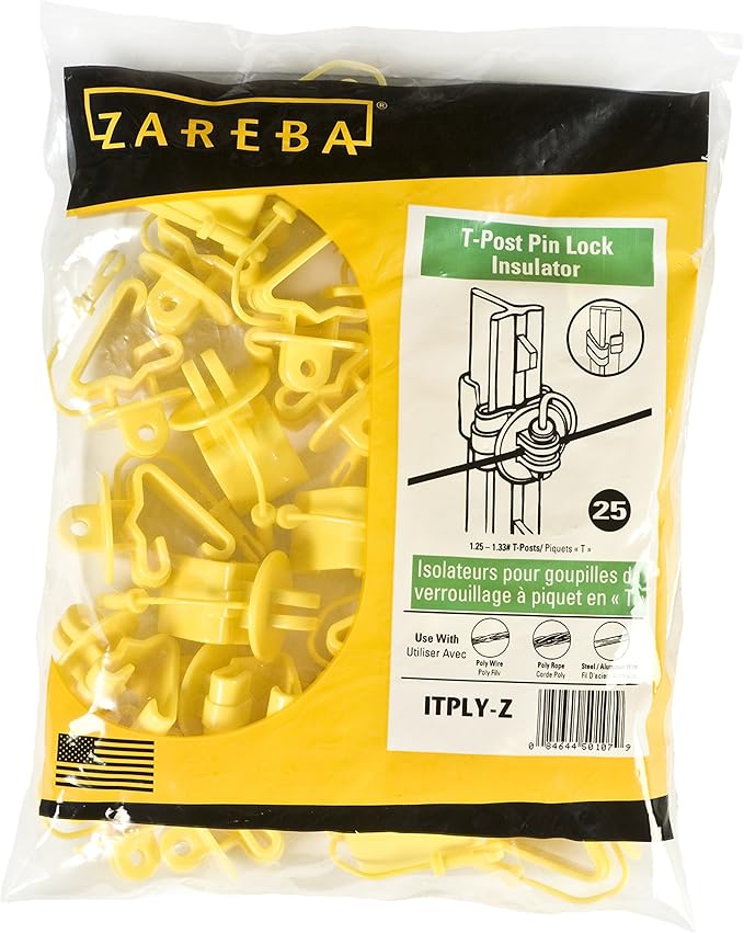 Zareba T-Post Pin-Lock Insulators for Electric Fences - Yellow, 25 Pack, ITPLY-Z - Includes 25 Insulators - Secure Hold, Easy to Release
