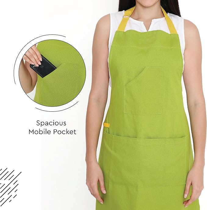 Encasa XO Adjustable Kitchen Cotton Apron With Pockets & Towel Holder Of Size 27x33 in (Lime Green) for Men & Women Chefs For Cooking & Baking in Home, Restaurants & Barbeque