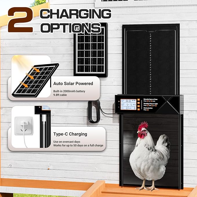 Automatic Chicken Coop Door Solar Powered, Extra Large Auto Chicken Door Mix 4 Modes with Timer & Light Sensor, USB-c Charging, Anti pinch & Alert, Remote, LED Screen, Aluminum Weather Proof Coop Door