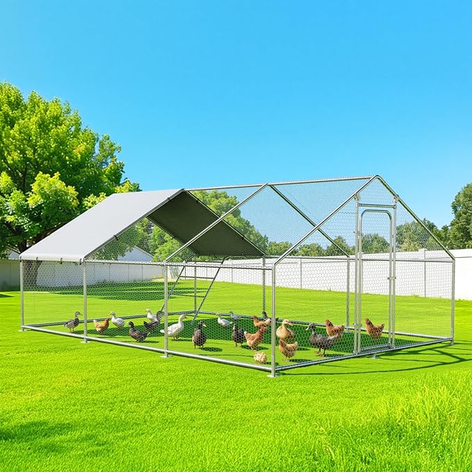 Large Metal Chicken Coop Run with Roosting Perch, Outdoor Waterproof & UV-Resistant Cover for Chickens, Ducks, Rabbits, and Hens in Yard or Farm Use Spire Roof (13.1'Wx19.7'Lx 6.5'H)