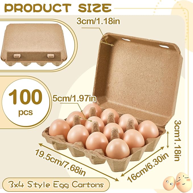 Rtteri 100 Pcs Egg Cartons Bulk 3x4 Style Egg Storage Containers Holder for Fresh Duck Quail Storage Kitchen Family Farmhouse (Natural Color)