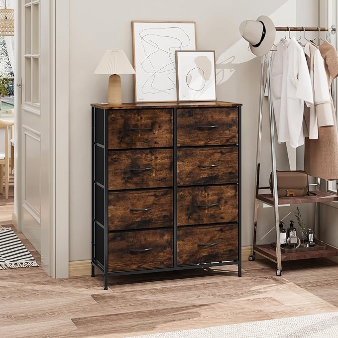 WelFurGeer 8 Drawer Fabric Dresser with Sturdy Metal Frame, Tall Dresser with Fabric Bins, Storage Chest of Drawers for Bedroom, Closet, Kids Room Organization, Rustic Brown Wood Grain Print