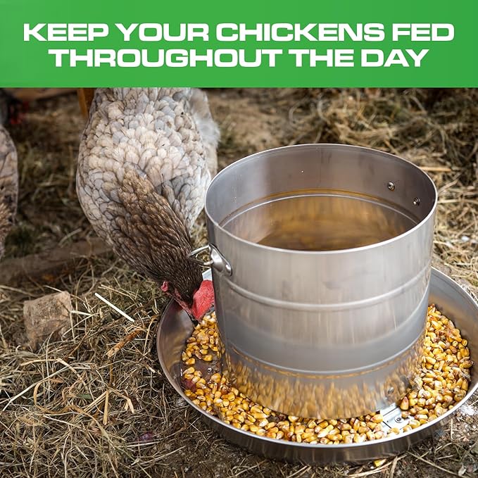 Plexon 17.6 Lb Stainless Steel Hanging Chicken Feeder no Waste Food-Grade Large - Turkey Duck Poultry Feeder for Chicken Metal - Heavy Duty Reliable Long-Lasting with Handle