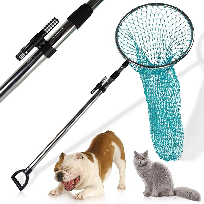 Dog Catch Net Animal Control Net Poultry Catching Trap Tool Length Adjustable for Cat, Pigeon and Others (42~70" Handle with 22" Net Opening) (Stainless Steel, Natural)
