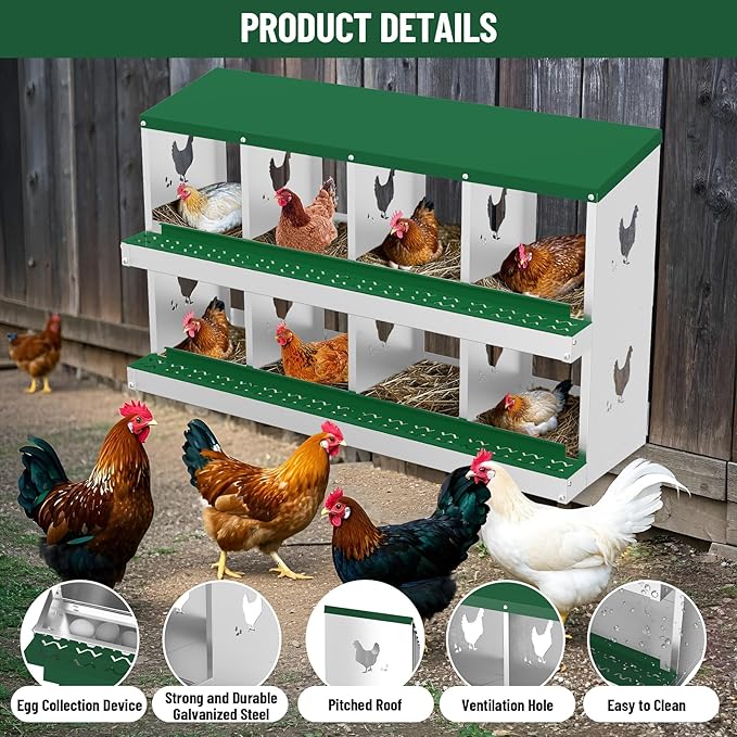 GarveeLife Nesting Boxes for Chickens, 8 Compartment Chicken Nesting Box, Metal Chicken Laying Boxes with Perch, Secure Lid, Versatile Wall Mount or Free Standing for Hens, Green