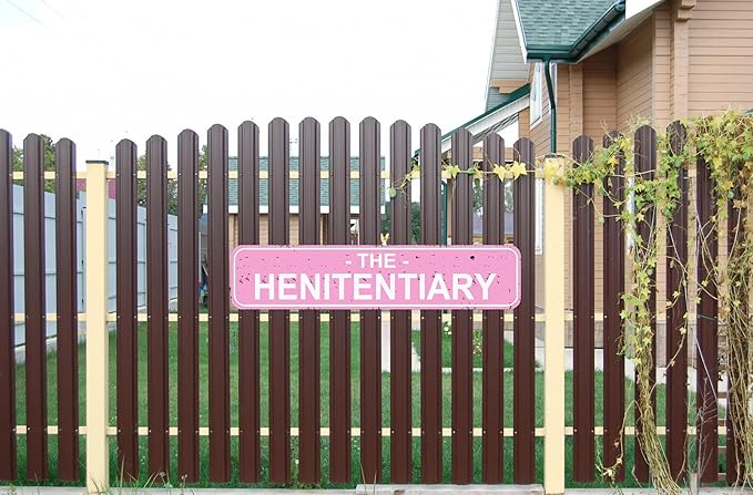 The Henitentiary Sign Chicken Coop Rustic Metal Street Sign or Door Name Plate Plaque Home Patio Garden Bar Farm House Garage Wall Decor Pink Tin Signs 16 X 4 Inch