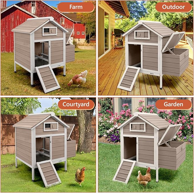 Chicken Coop Chicken House Outdoor with 2 Nesting Box, Wooden Small Chicken Coop Hen House with Removable Trays, Ramp for 1-2 Chickens (32" L x 23.6" W x 36.6" H)
