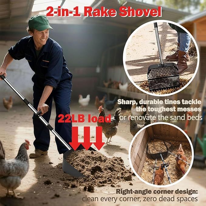 Upgraded Chicken Poop Scooper & Rake 2-in-1, Metal Shovel Head Chicken Coop Scooper for Sand with 22 to 63" Adjustable Stainless Steel Handle, Chicken Scooper for Poop, Farm & Pet