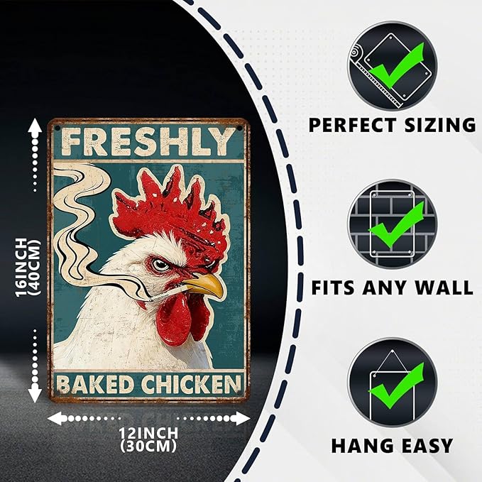 Funny Chicken Metal Signs Rooster Kitchen Decor Freshly Baked Chicken Tin Signs Vintage Farmhouse Poster Rustic Wall Decor For Home Farm Cafe Bar Pub Man cave Living Room Office 16 * 12 In