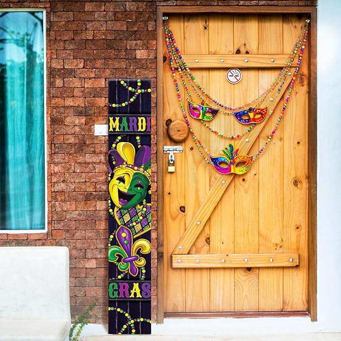 47" Large Mardi Gras Porch Sign Carnival Welcome Sign Mask Wooden Tall Carnival Porch Decor Rustic Farmhouse Front Door Decor for Mardi Gras Party Holiday Outdoor Home Yard Entryway Gift