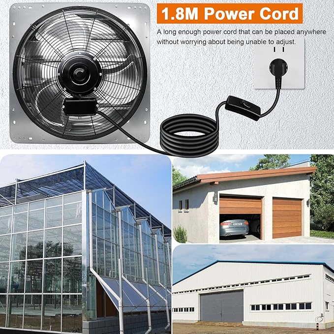 Hiorucet 20 Inch Shutter Exhaust Fan Wall Mounted, 3500CFM High Speed Low Noise Aluminum Louvered Exhaust Fan with 1.8m Power Cord for Greenhouse, Garage, Shop, Attics, Chicken Coop Ventilation Fan.