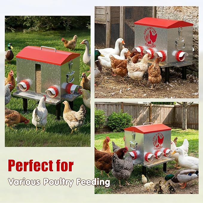 Pawaboo 55LBS Large Capacity Automatic Chicken Feeder - 2026 Upgraded No Waste Poultry Feeder, 7 Feeding Ports, Viewable Feed Level Window, Height-Adjustable Legs + Wobble-Free Stability