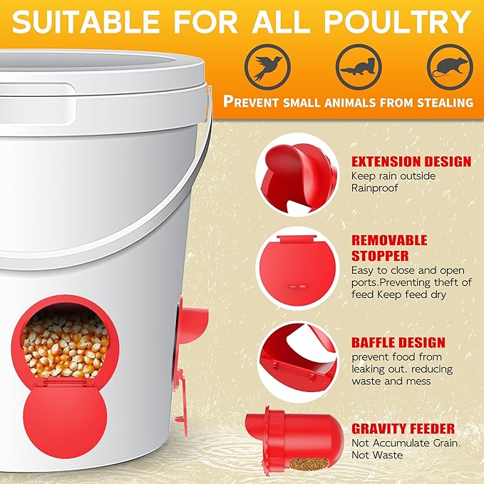Chicken Feeder Port 8 Pack Poultry No Waste Port Kit with Stopper Lid, 1 Hole Saw, DIY Automatic Reusable Coop Feeders, Rain Proof Gravity Feeding Geese Duck Hens Rooster for Bucket Barrel Bin (Red)
