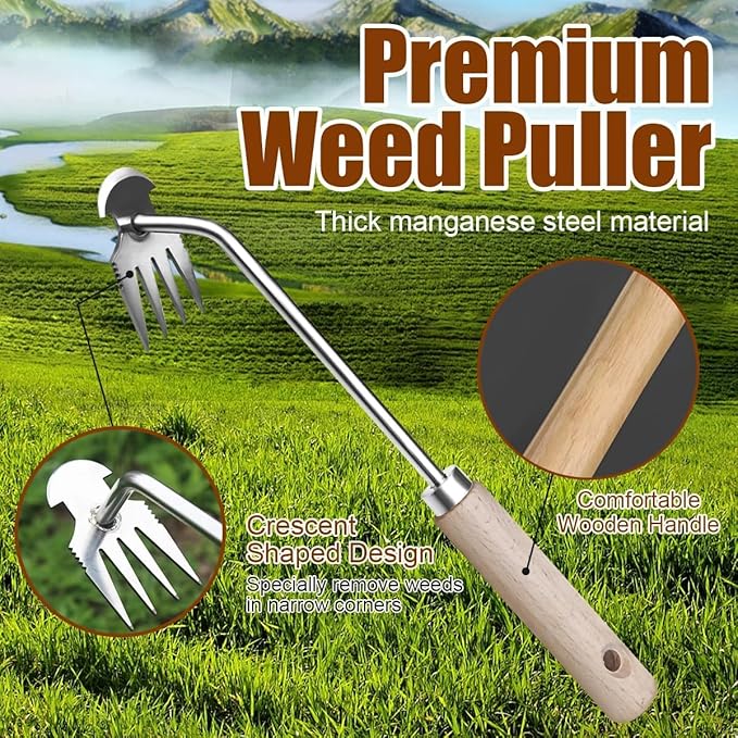Manual Weed Puller Tool, 4-Claw Steel Head, Wooden Handle, Hand Garden Weeder
