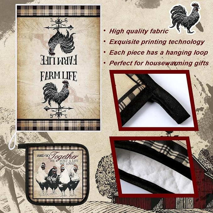 Leinuosen 6 Barn Farm Farmhouse Kitchen Decor Dish Towels Oven Mitts and Pot Holders Sets Chicken Kitchen Towels Absorbent Decorative Accessories for Cooking Baking Grilling