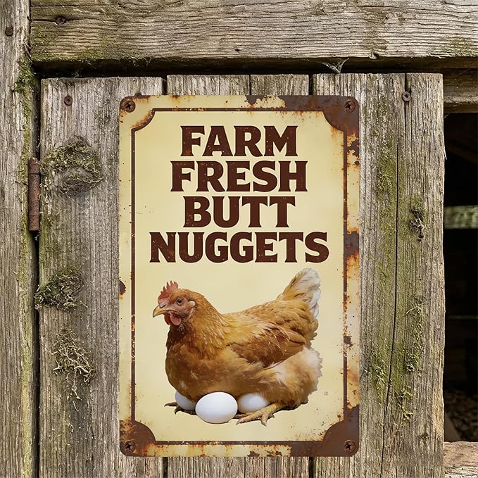 Funny Chicken Metal Sign Outdoor, Aluminum Farmhouse Wall Decor for Coop Door or Yard Area, Fluffy Humor Country Living Style, Rustic 8x12 Inch Gift