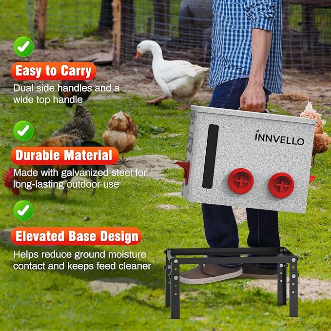 40LB Metal Chicken Feeder for Outdoor Coop, Galvanized Automatic Poultry Feeder with 6 Ports, Double Viewing Windows, Weatherproof Large Chicken Feed Container with Lid & Legs