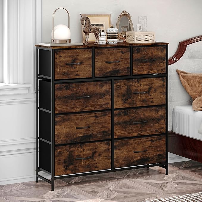 WelFurGeer 9-Drawer Dressers with Sturdy Metal Frame - Tall Chest Organizer Unit with Fabric Bins, Storage Chest of Drawers for Bedroom, Living Room, Hallway, Entryway,Rustic Brown Wood Grain Print