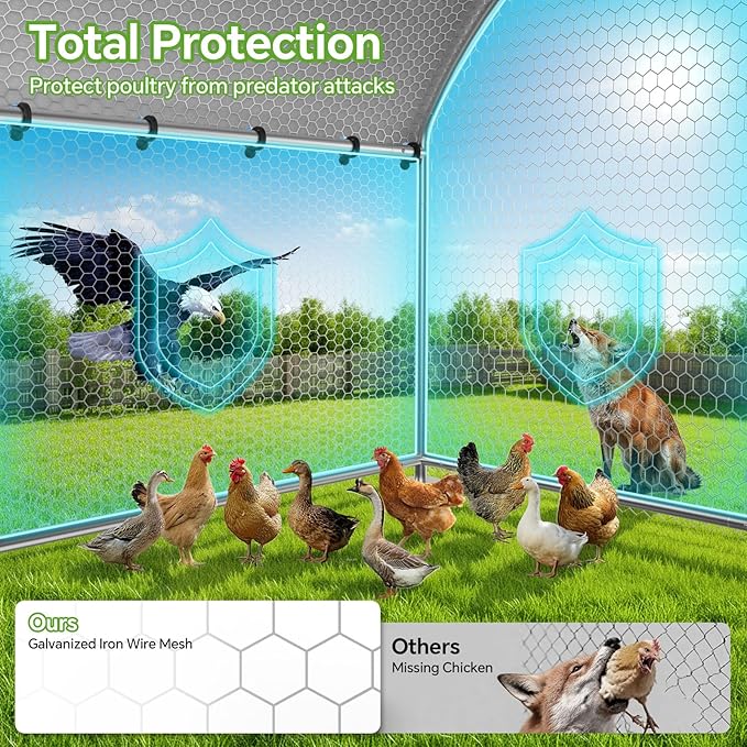 Chicken Coop with Roosting Perch, Large Metal Chicken Run Poultry Cage with Water-Resident and Anti-UV Cover for Duck Rabbit House Walk-in Chicken Pen for Yard, Dome Roof(10’ W x 19.7’ L x 6.4’ H)