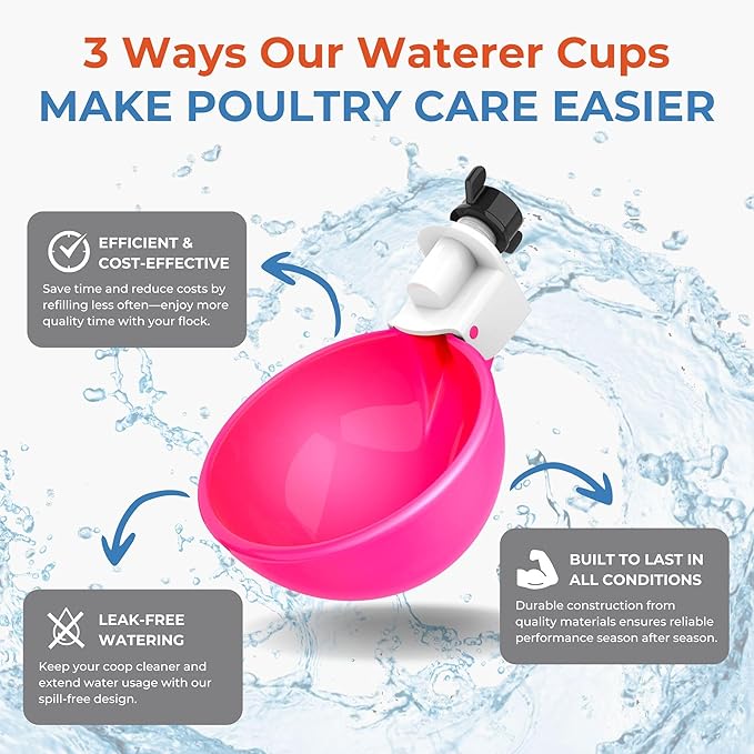 Lil'Clucker - Large Automatic Chicken Waterer Cups Suitable for Ducks, Geese, Turkeys, and Bunny Rabbit - Water Feeder Kit - Poultry Waterer (Pink, 8 Pack)