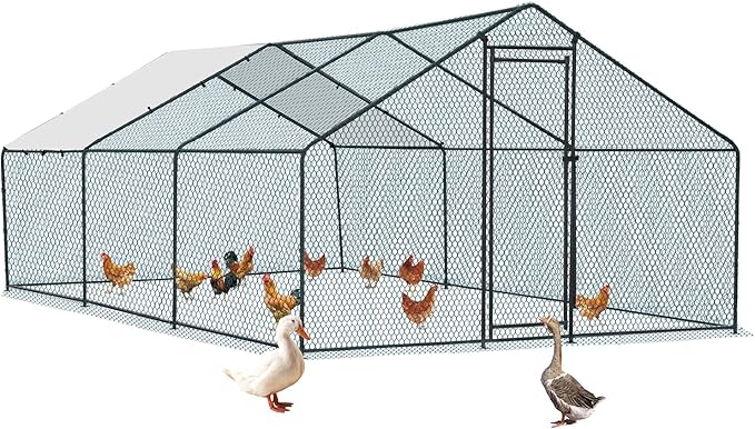 Outvita Chicken Coop, 19.5×10 FT Large Metal Chicken House, Poultry Habitat Cage with Waterproof Cover, Walk-in Chicken Run Pen for Small Animals Yard Farm Patio（Black Electrophoresis Process）