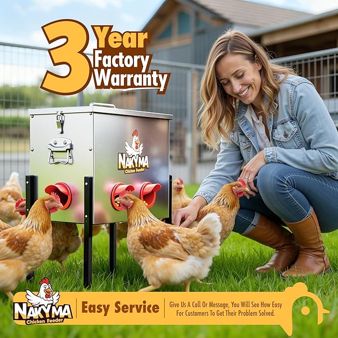 Automatic Chicken Feeder - 50 LBS 6 Ports Large Capacity Metal Poultry Feeder, Auto Food Dispenser Chicken Feeders No Waste for 6-12 Chickens 10 Days with Leg & Weatherproof Lid