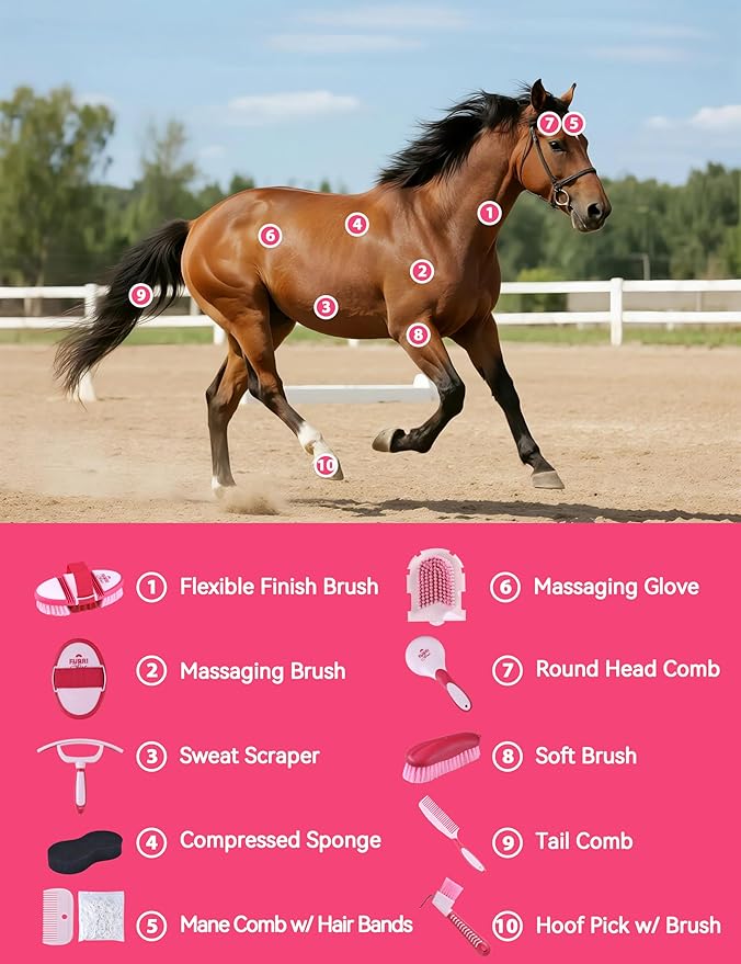 11-Piece Professional Horse Grooming Kit with Waterproof Tote Bag, Non-Slip Silicone Grip Brush Set, Curry Comb, Hoof Pick & Mane Comb Pink Garnet