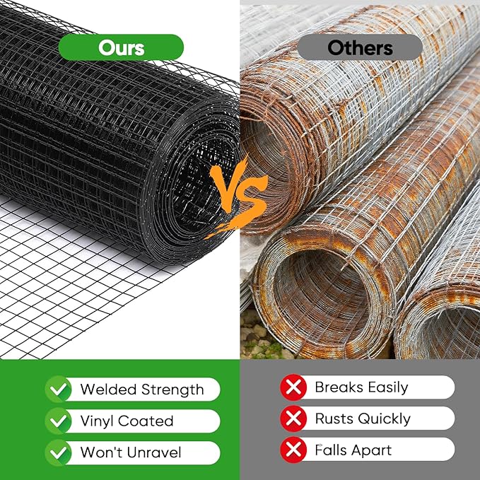Black Hardware Cloth 48in x 50ft – 19 Gauge Vinyl Coated Steel Wire Mesh Roll, 1" Square Welded Fence for Chicken Coop, Garden Barrier, Animal Control, Outdoor Pet Enclosure, Rodent Proofing
