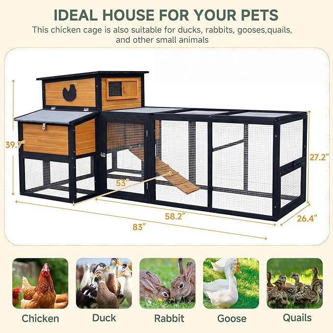 83" Large Wooden Chicken Coop with Run, Outdoor Chicken House for 4-6 Chickens, Ventilation Window & Sliding Doors, Waterproof Felt Roof, Easy-Clean Full Rear Door, Predator-Proof Latches
