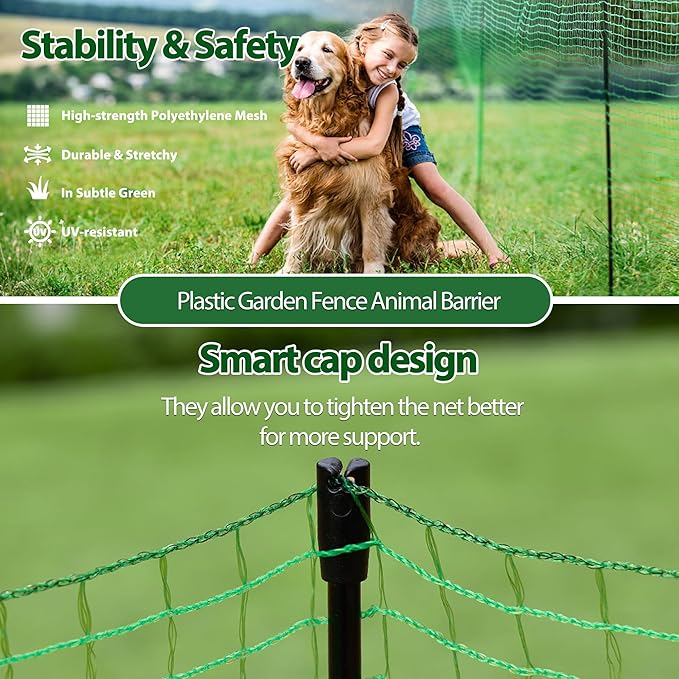 Temporary Fence with Posts, 3'x50' Plastic Fencing Garden Fence Animals Barrier with Fiberglass Stake Windbreak Rope, Portable Snow Fences, Fencing for Dogs Outdoors Backyard (Green)