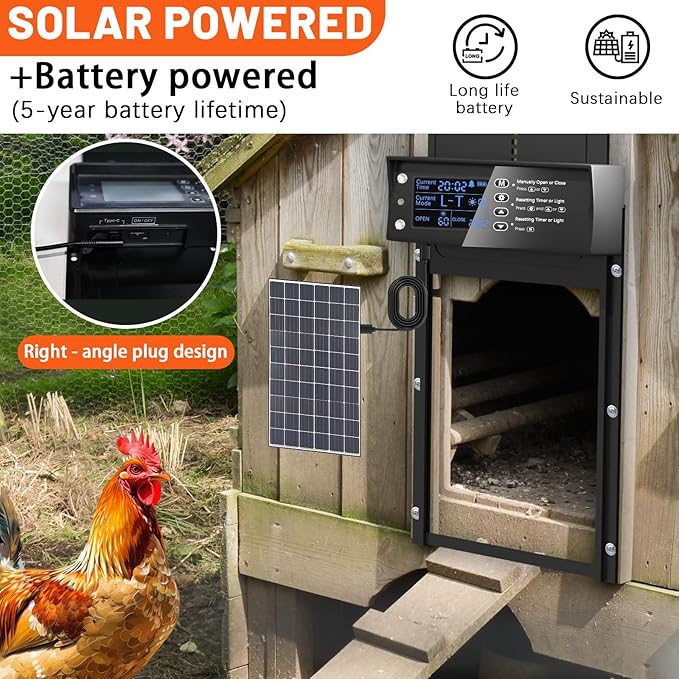 Automatic Chicken Coop Door, Solar Powered Aluminum Chick Coops Doors Opener with Timer & Light Sensor, Anti-Pinch, Remote Control 4 Modes Auto Coop Doors for Chicken