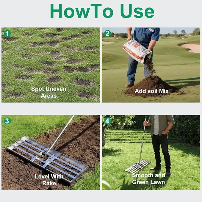 Lawn Leveling Rake 30x10 inch, Lawn Leveler Tool with 6.5ft Handle Rakes, 304Stainless Steel Yard Leveling Rake, Heavy Duty Soil Landscape Rake for Backyard, Garden, Farm, Pasture, Golf Course