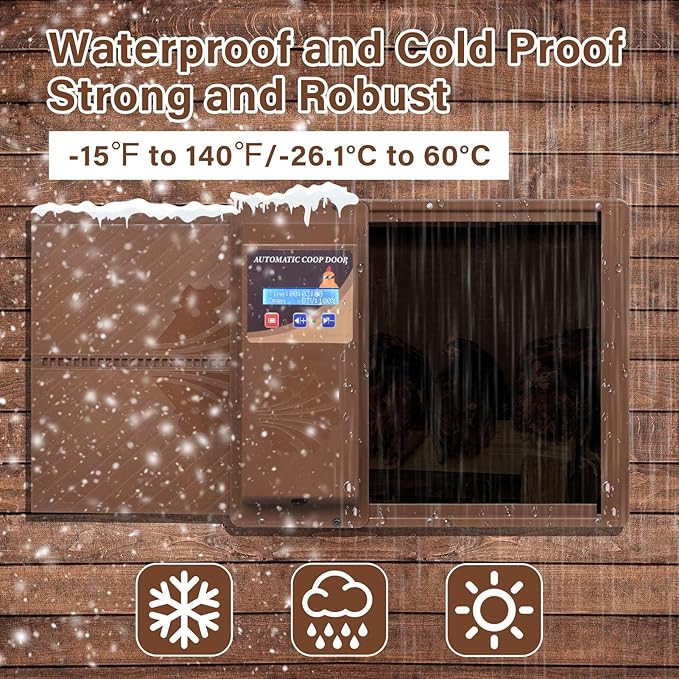 Automatic Chicken Coop Door Battery Powered, LCD Display Automatic Chicken Door with Timer, Electric Auto Chickens Doors Opener Anti-Pinch Function Weatherproof - Coffee