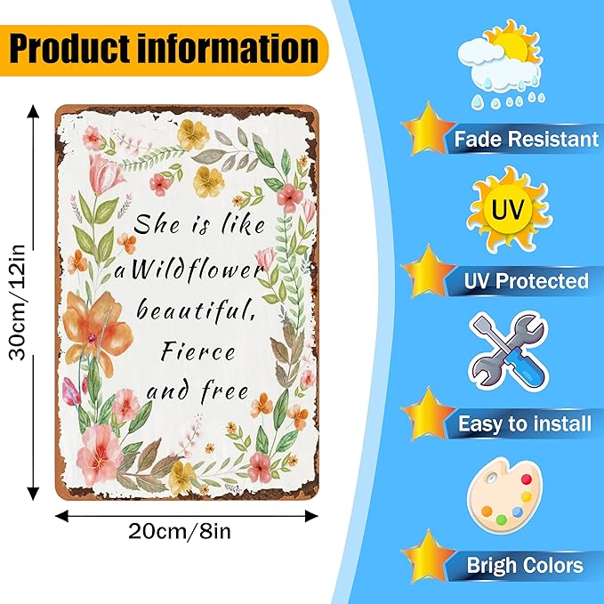 Garden Gifts She ls Like A Wildflower Beautiful Fierce And Free Tin Sings-Funny Garden Signs for Outside,Wildflower Wall Art Office Decor Mothers Grandmas and Housewarming 8x12inch