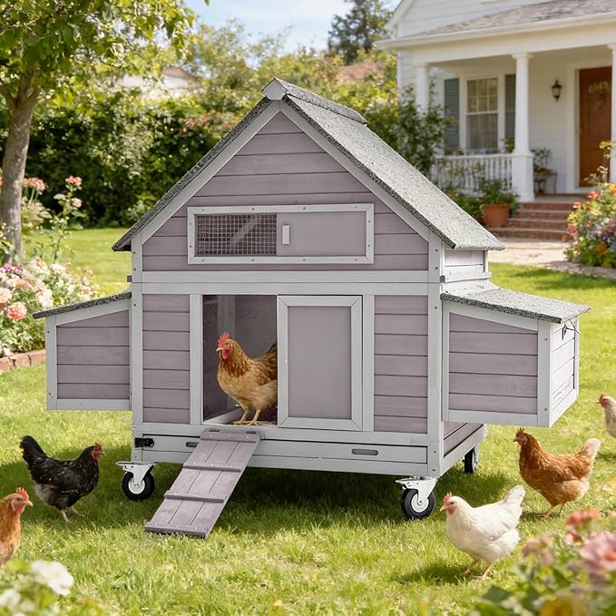 Aivituvin Chicken Coop with Wheels Large Poultry House with Two Nesting Boxes Outdoor Wooden Hen cage