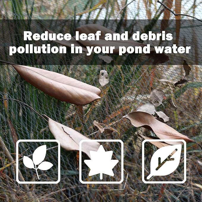 50x50ft Pond Netting for Leaves Leaf Net Cover Pond Net with Small Fine Mesh Protecting Koi Fish from Birds Cats Stakes Included