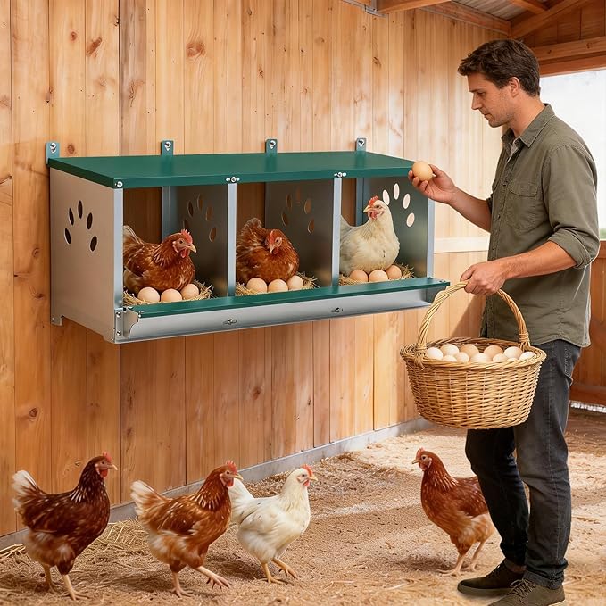 EAGLE PEAK 3-Hole Wall Mounted Chicken Nesting Box, Roll Away Hen Laying Box with Sloped Roof & Easy Clean Tray, Galvanized Steel for Backyard Chicken Coops (Green)
