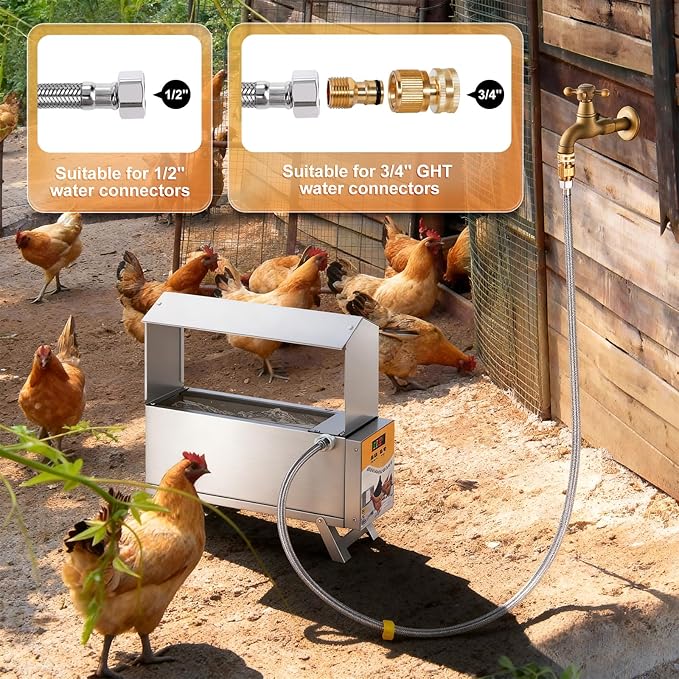 Chicken Waterer Heated 2 Gallon Chicken Water Heater for Winter Stainless Steel Poultry Drinker Heater Anti Freezing Watering Dispenser for Coop, Thermostatically Controlled