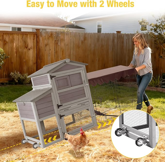 Aivituvin Durable Mobile Chicken Coop with Wheels, Waterproof Asphalt Roof, Steel & Cedar Wood Frame, Large Nesting Box, Predator-Proof, Removable Tray, Two-Level Chicken House for 4–6 Chickens