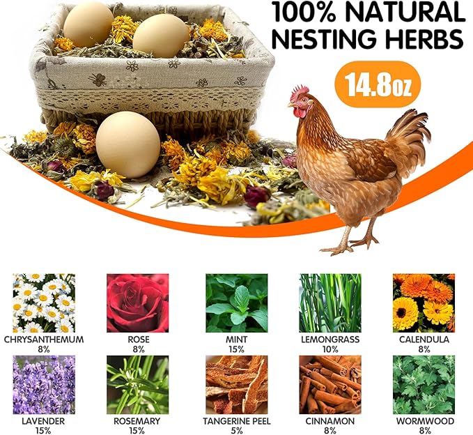 14.8 Oz Nesting Herbs for Chicken Coop - 10 Natural Dried Herbs for Chicken Coop Accessories, Hens Accessories and Must Haves for Bedding - for Chicken Coop Deodorizer Freshness Egg Production