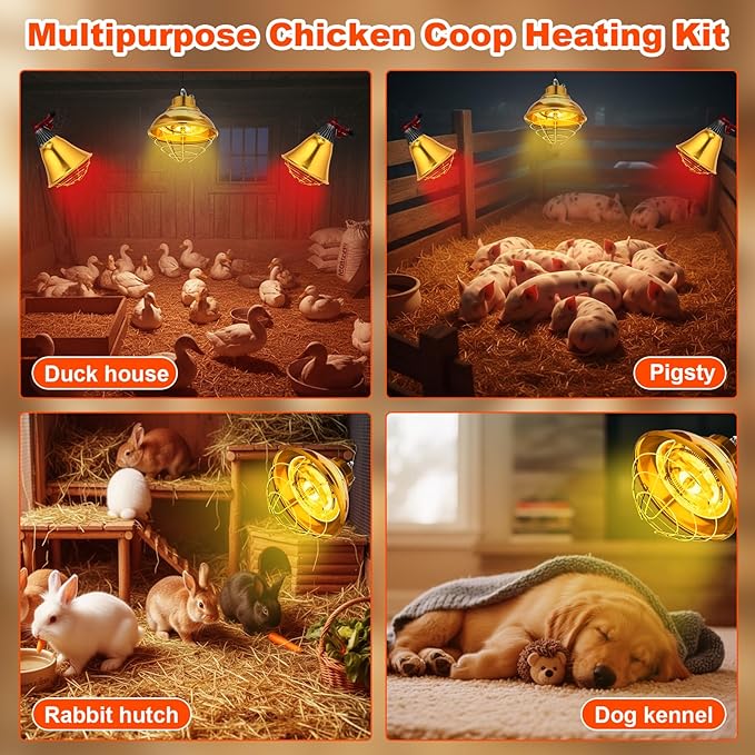 3 Set Heat Lamp for Chickens Include 350w Carbon Fiber Chicken Coop Brooder Heater Lamp Warming Lampshade with 150w Infrared Red Heat Bulb for Chicks Ducks Rabbits Dogs